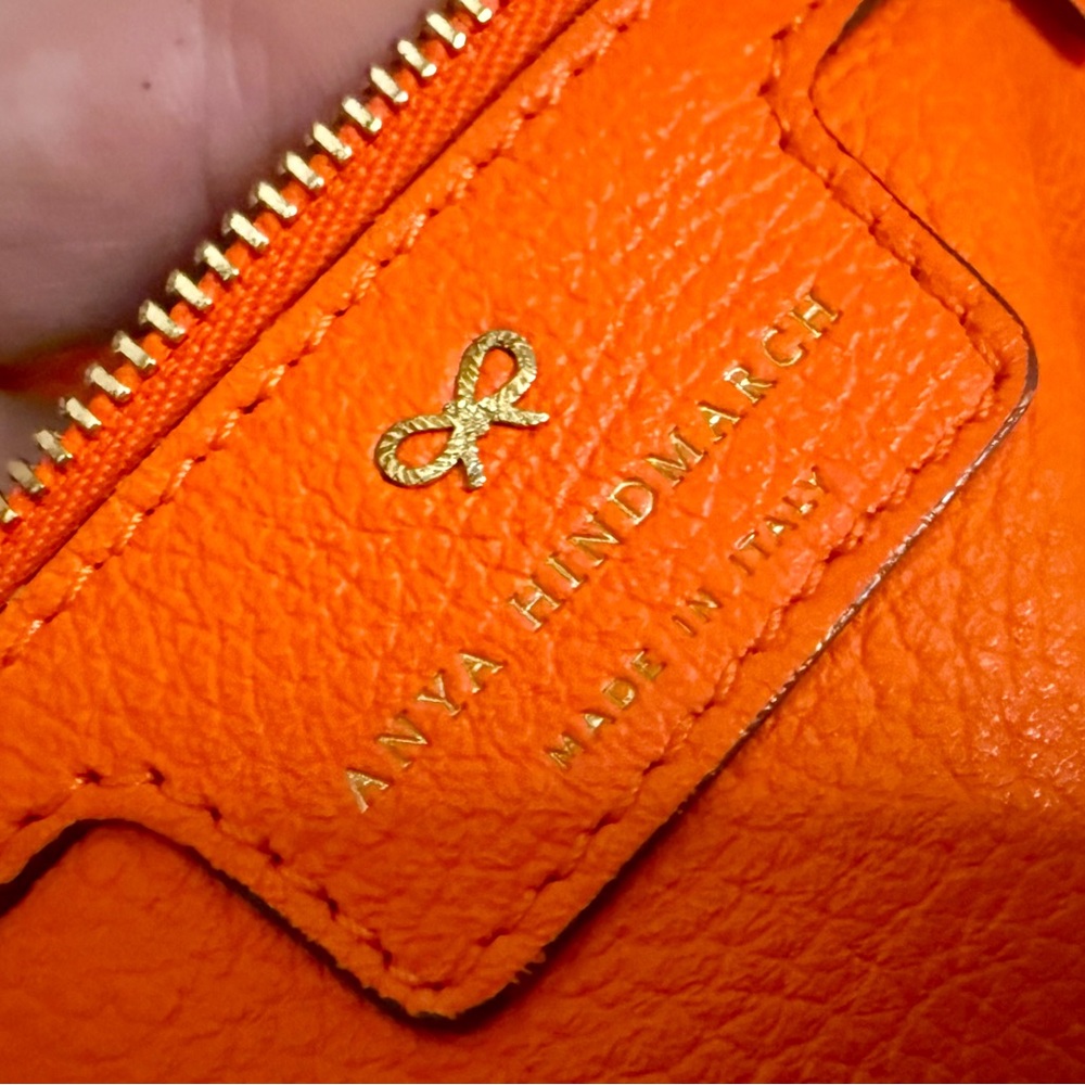 Anya Hindmarch Neon Orange Leather Featherweight Smiley Face Ebury Tote Bag - Picture 9 of 12